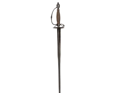 An English smallsword, c 1775, colichmarde blade 32”, faintly etched with trophy of arms and instruments on the broad face at