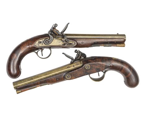A pair of 26 bore brass barrelled flintlock holster pistols of a type favoured by naval officers, by Ketland & Co, c 1790, 13