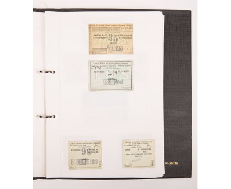 An album of mainly LMS Railway (London, Midland and Scottish Railway) related tickets. A ring-bound folder containing approx 