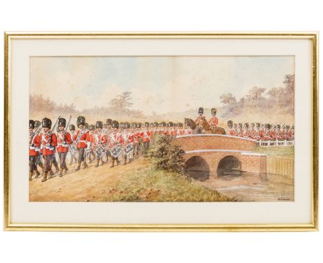 A pair of watercolour paintings by Richard Simkin of a volunteer battalion The Royal Fusiliers,  the first showing them march