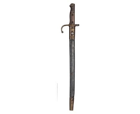 A Turkish M1890 sword bayonet for the Mauser rifle, Arabic inscription at forte, hook quillon, in its steel mounted panelled 