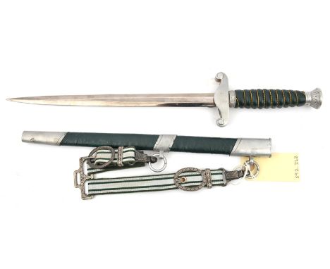 A land customs officer’s dagger by Stocker & Co, Solingen, green leather covered hilt, leather covered scabbard with mounts a