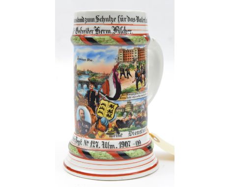 An Imperial German ½ litre porcelain beer stein, the polychrome decoration depicting scenes from army life in the City of Ulm