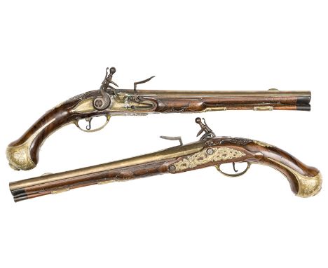 An impressive pair of 18 bore Bohemian long flintlock holster pistols, c 1740,  20” overall, flat topped slender bronze barre