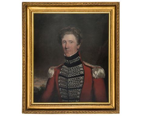 An oil on canvas portrait, half length, of James T. Bell, 17th Royal Westmorland Militia c 1835, by Thomas Gandy, (exhibited 