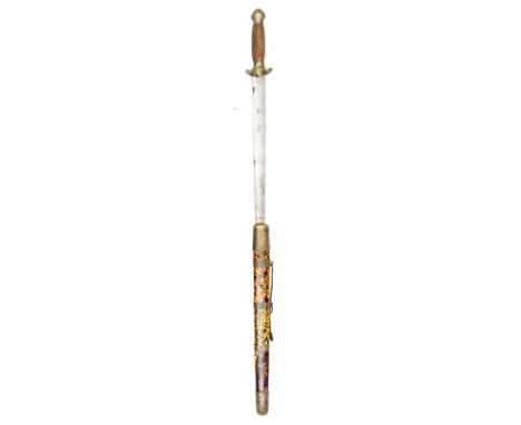 A Chinese sword, DE blade 14”, lined darkwood grip, tortoishell covered scabbard, with typical stylized brass mounts, featuri