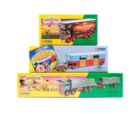 8 Corgi Classic Circus sets and vehicles. 4 Chipperfield’s ERF KV artic with cages. Lions, tigers, pedestal and tamer. AEC Re