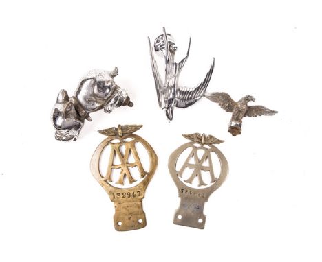 3 Motor Car Mascots. A winged Eagle, possibly from an Alvis. A Swallow and a Bonzo The Telcote Pup, probably both after-marke