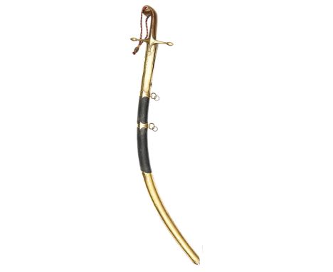 A Turkish sword, shamshir, c 1800, slender, sharply curved blade 31½”, brass crossguard with pointed bud terminals and slende