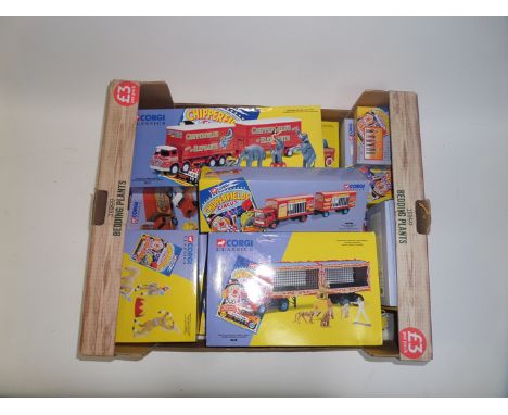 A set of Corgi Classics 1990’s issue Chipperfields Circus vehicles. Land Rover public address and clowns. AEC Pole Truck, Sca
