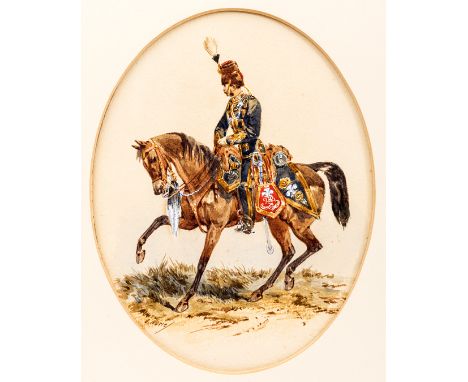 A watercolour  by Orlando Norie of a mounted officer of the 10th (Prince of Wales’s Own Royal Regiment of Light Dragoons) Hus