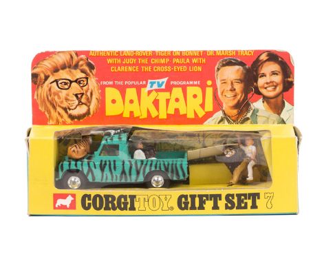 Corgi Toys Gift Set 7 Daktari. Comprising a 109" Land Rover complete with figures and animals – lion, tiger and chimp and Dr.