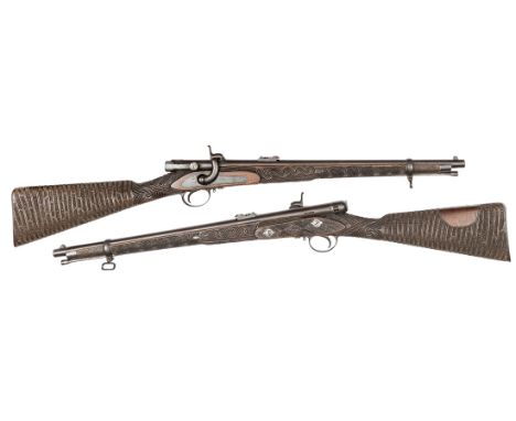 A rare Maori carved 30 bore Calisher & Terry breech loading rifled percussion carbine,  38” overall, barrel 21” engraved on t