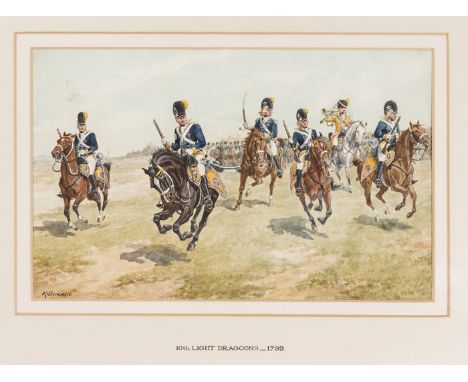A military watercolour by Richard Simkin: 10th Light Dragoons 1793, officer, bugler and four troopers advancing with company 