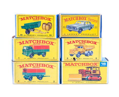 6 Matchbox 75 Series vehicles. A Mercedes Truck (1), a Mercedes Trailer (2), a Euclid Quarry Truck (6), a Case Tractor (16), 