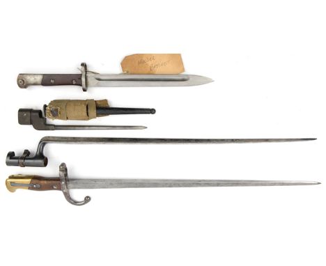 A Gras  bayonet, (blade markings removed) prominent stud; a No 4 spike bayonet in scabbard with frog; an Austrian M98 bayonet