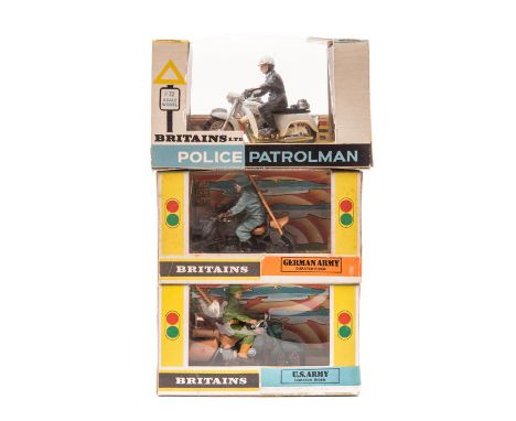 3 Britains Motorcycles. A Police Patrolman, German Army Dispatch Rider and a US Army Rider. All boxed, minor wear. Contents M