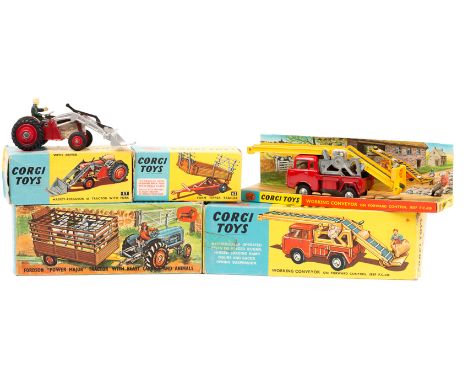 4 Corgi Toys. Gift Set 33 Fordson ‘Power Major’ Tractor with Beast Carrier and Animals. Tractor in light blue with orange whe