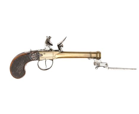 A Belgian bronze cannon barrelled and bronze framed flintlock boxlock pistol with spring bayonet, 10¼” overall, integral barr