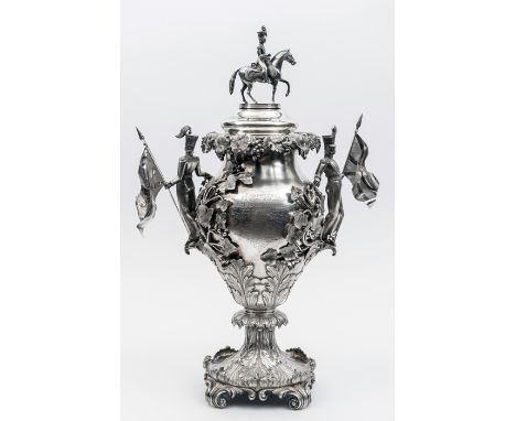 A large and impressive free standing early Victorian silver presentation trophy, the body embellished with applied  branches 