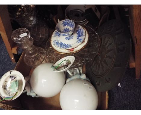 A mixed selection of items to include a vintage fly reel, a ring neck decanter, chefs knives, wall lights etc