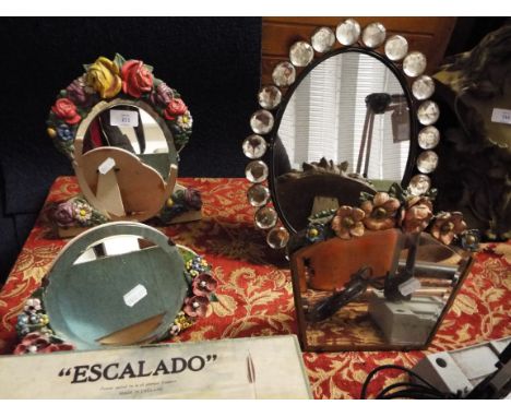 Three mid-20thC barbola type easel back mirrors each with bevel edge plate plus one other 