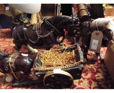 Three 1960s/70s ceramic shire horses with dray and hay carts