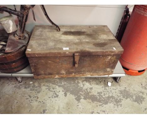 An early 20thC metal bound pine tool box and tools