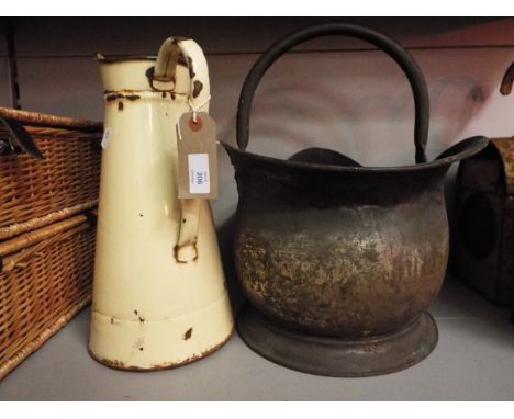 A coal bucket together with an enamel jug