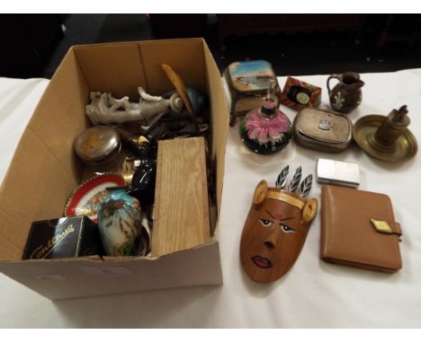 A selection of assorted collectables to include Victorian brass and glass trinket box, paperweights, tins etc
