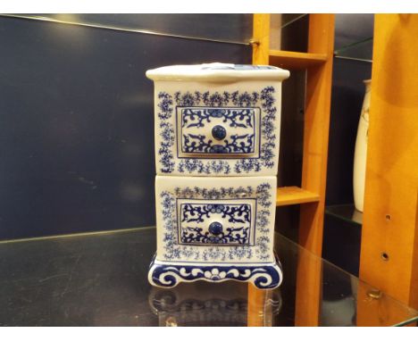 A blue & white Oriental style ceramic spice chest