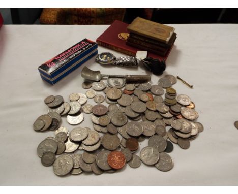 A selection of British pre-decimal and decimal coins, a Parrot harmonica in box, buttons, miniature books etc