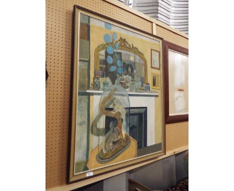 KAREN RAY oil on canvas interior scene with self portrait, taxidermy squirrels etc