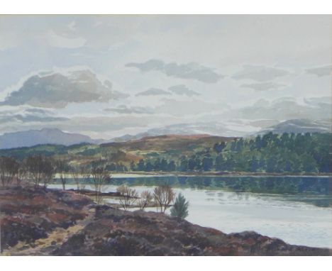 RICHARD ALDRED D.A. (Edin), MORNING LIGHT, LOCH LAGGAN, signed watercolour, framed under glass and labelled verso, 33 x 25cm 