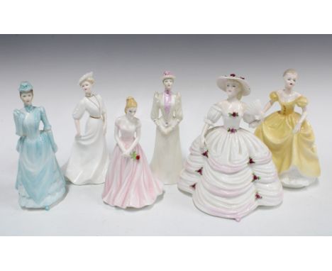Four Coalport Ladies of Fashion china figures, another Coalport figure and a Royal worcester figure (6) 21cm. 