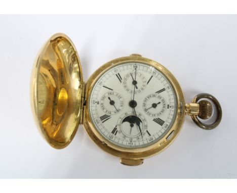 An 18ct gold full hunter chronograph pocket watch, white enamel dial with roman numerals and outer 25 - 300 scale, four subsi