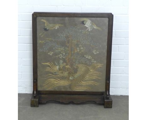 Meiji silk needlework panel depicting an turtle, cranes and clouds, under glass within a chinoiserie firescreen  77 x 90 x 24