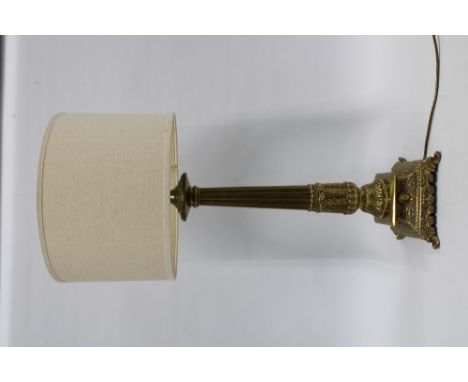 Brass corinthian column table lamp base and shade, 69cm high. 