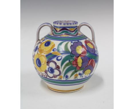 Poole Pottery 1930s fuschia pattern vase with loop handles, impressed factory marks and pattern mark YO, 17 x 17cm. 