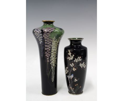 Two Japanese cloisonne vases, the taller of two two with wisteria pattern (light cracks to shoulder) and the smaller with blo