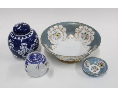 Mixed lot to include a prunus pattern ginger jar and cover, porcelain bowl and trinket dish and a small blue and white teapot