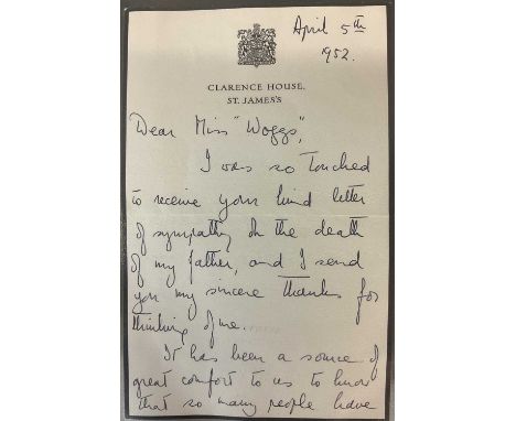 H.M. Queen Elizabeth II - handwritten letter dated April 5th 1952 on Clarence House mourning notepaper with black Royal crest