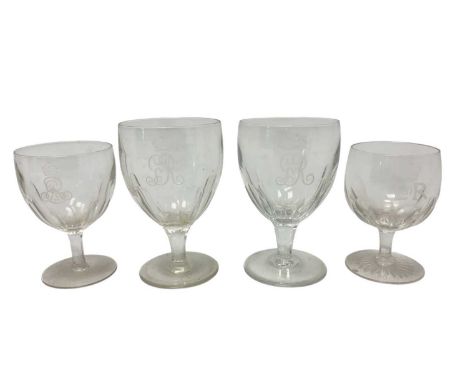 The Royal Yacht 'Victoria & Albert', pair King George V large wine glasses with finely engraved crowned GRV cyphers, and two 