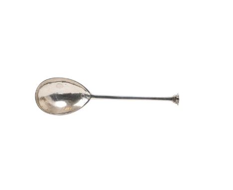 Mid 17th century silver seal top spoon. with fig shaped bowl, engraved armorial to reverse, hexagonal stem with stepped plain