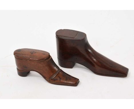 Two 19th century mahogany shoe shaped snuff boxes, one with pen ornament, 11cm and 9cm respectively 