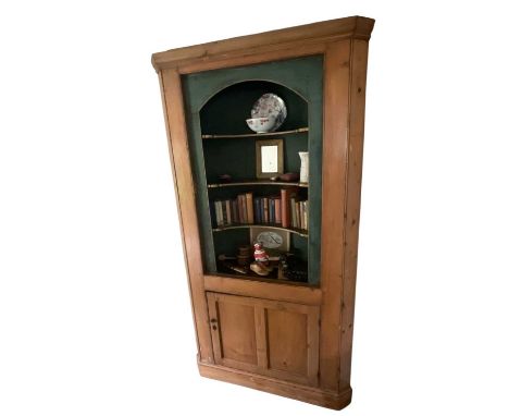 Georgian pine standing corner cupboard, with open upper barrel back section, enclosed cupboard below, 110cm wide x 208cm high