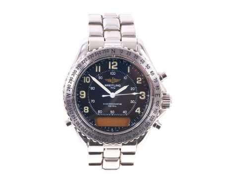 Breitling Intruder Chronograph Reveil stainless steel wristwatch, the black circular dial with luminous Arabic numerals and h