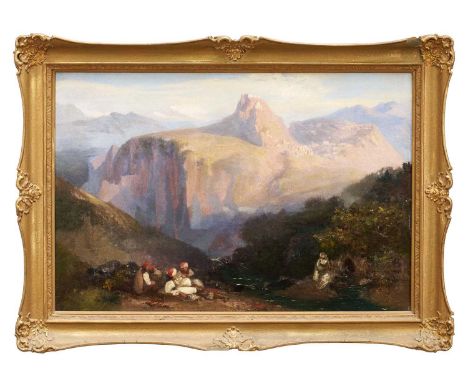 Attributed to James Duffield Harding (1796-1863) oil on canvas - Figures in an Italian Landscape, 38cm x 56cm, in gilt frame