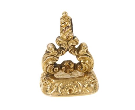 Regency yellow metal seal, the chalcedony seal with intaglio carved heart and motto 'To be Exchanged, Not Sold'. 22mm