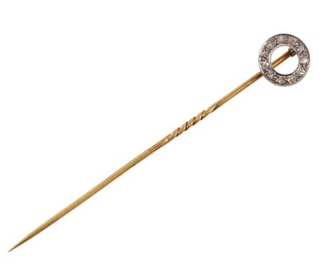 Edwardian diamond stick pin with an old cut diamond circle in platinum grain setting on detachable gold pin, in box.